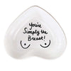 and-painted heart-shaped ceramic jewelry dish with fun phrase in white