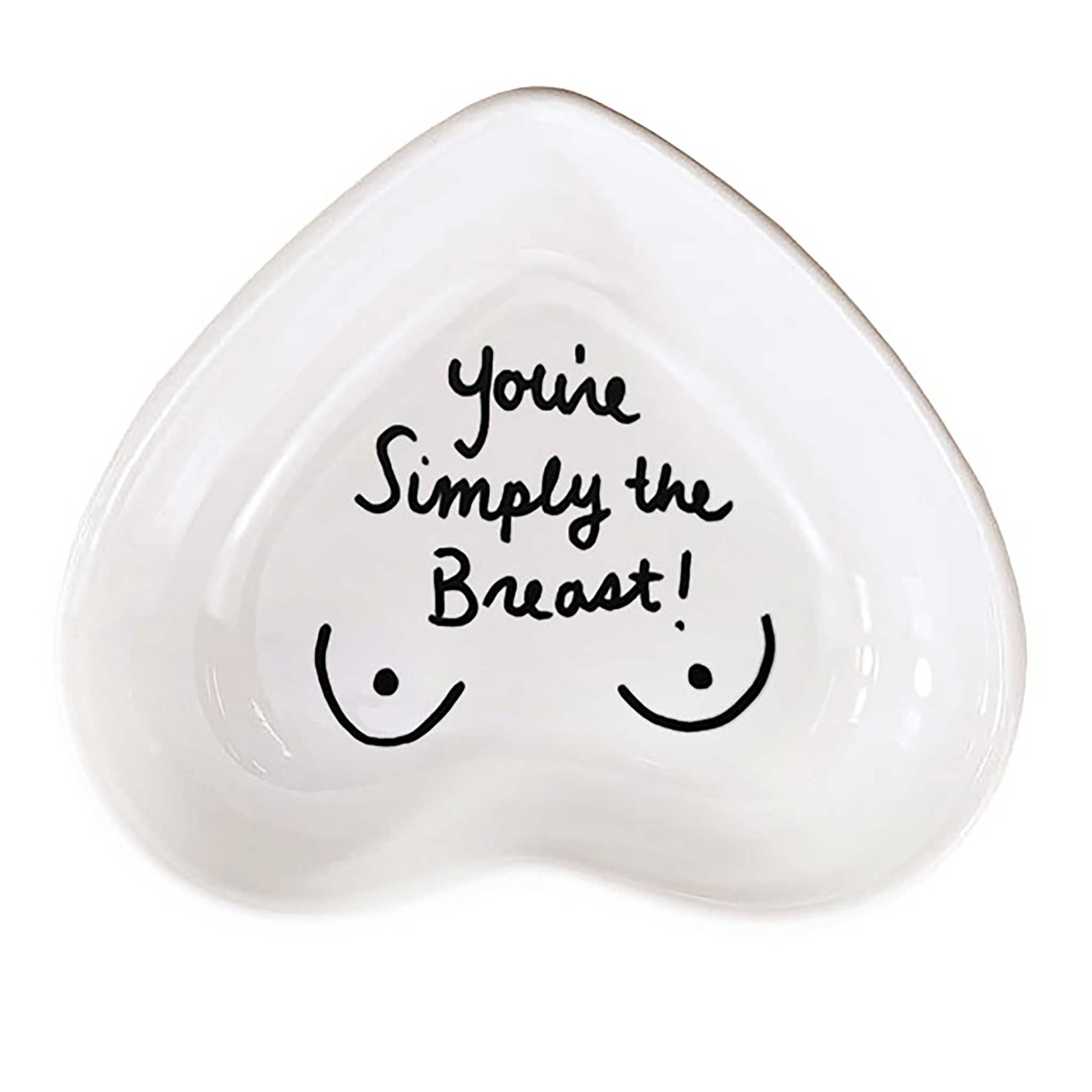 and-painted heart-shaped ceramic jewelry dish with fun phrase in white