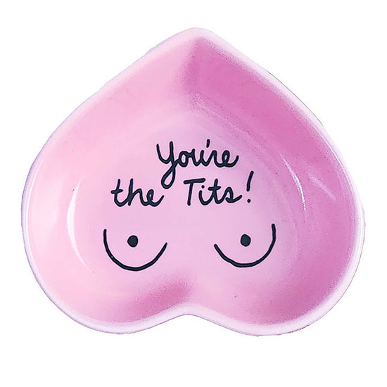 Hand-painted heart-shaped ceramic jewelry dish with playful message in blush pink