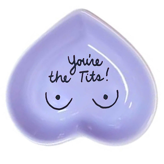 Hand-painted heart-shaped ceramic jewelry dish with playful message in lavander.