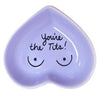 Hand-painted heart-shaped ceramic jewelry dish with playful message in lavander.