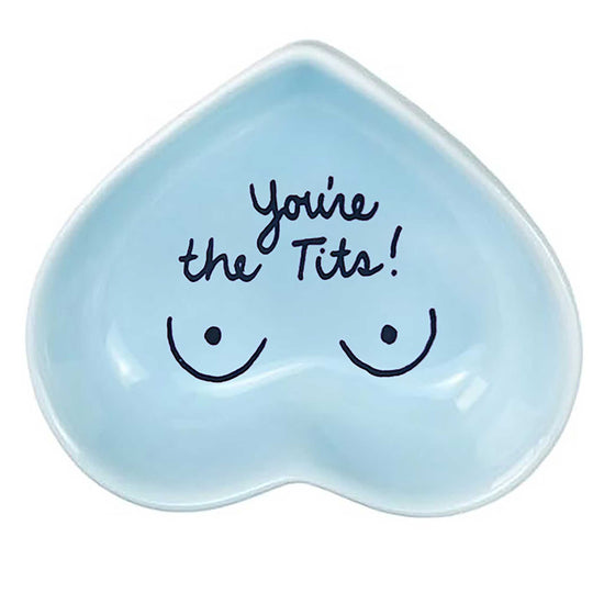 Hand-painted heart-shaped ceramic jewelry dish with playful message in powder blue