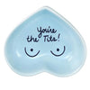 Hand-painted heart-shaped ceramic jewelry dish with playful message in powder blue