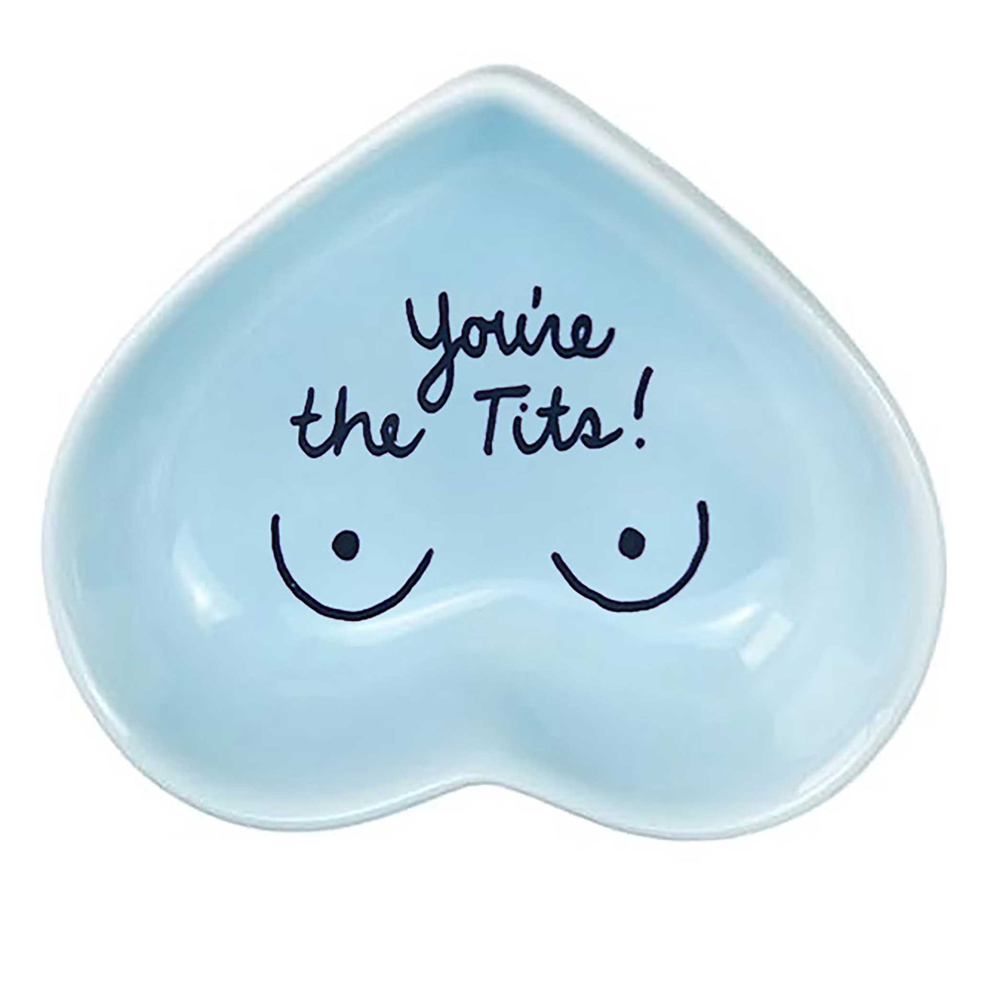 Hand-painted heart-shaped ceramic jewelry dish with playful message in powder blue