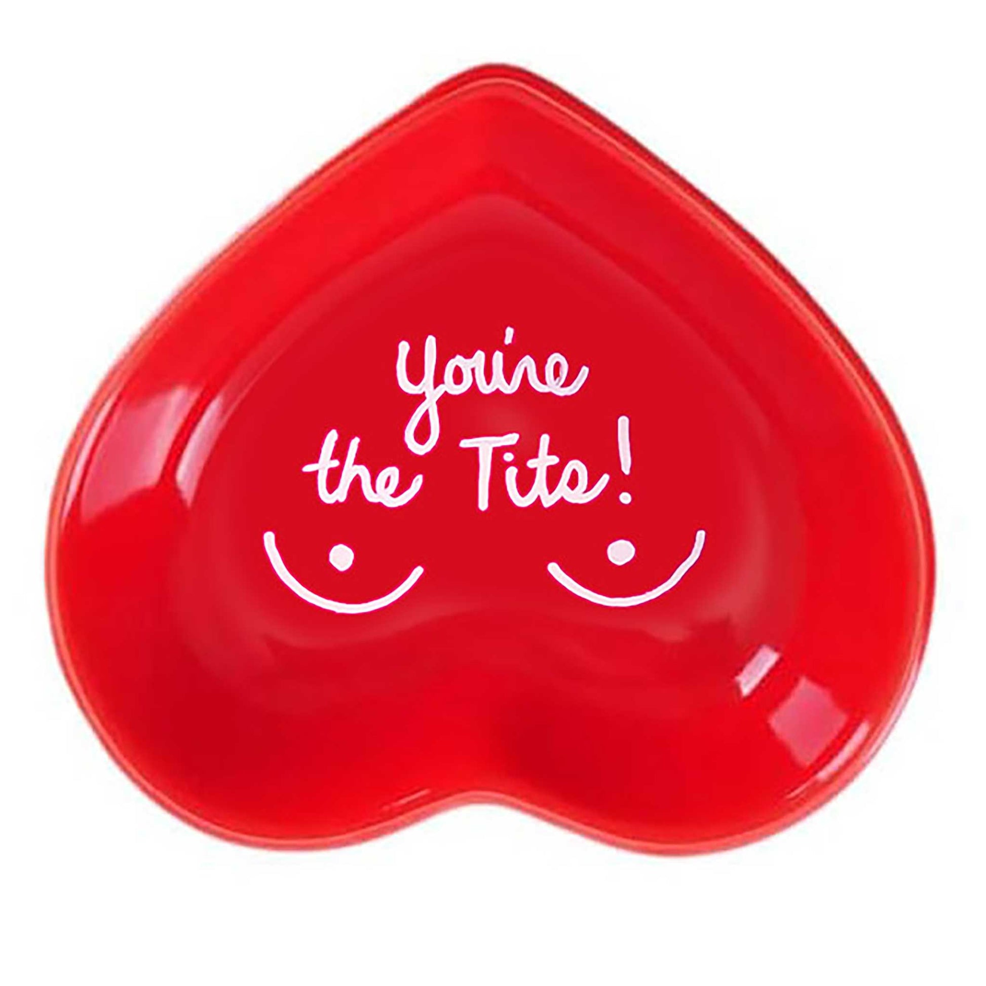 Hand-painted heart-shaped ceramic jewelry dish with playful message in red