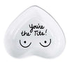 Hand-painted heart-shaped ceramic jewelry dish with playful message in white
