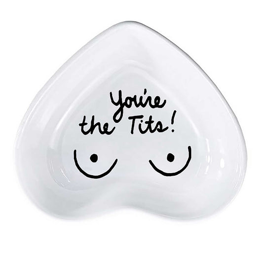 Hand-painted heart-shaped ceramic jewelry dish with playful message in white