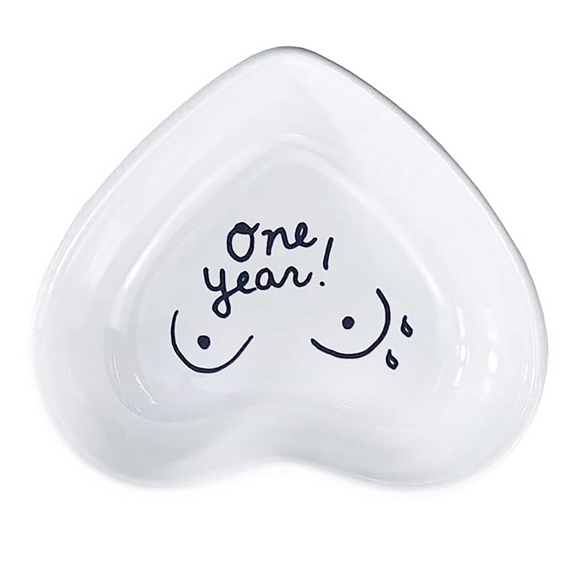 Hand-painted heart-shaped dish with message celebrating 1 year of breastfeeding milestone