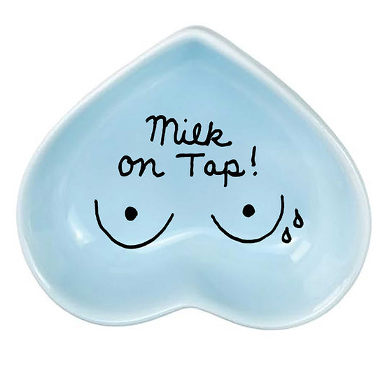 Ceramic keepsake dish with hand-painted phrase honoring motherhood and breastfeeding in powder blue