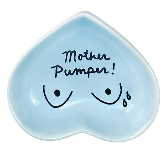 hand-painted heart-shaped ceramic dish with motherhood and feeding message in powder blue