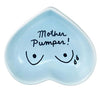 hand-painted heart-shaped ceramic dish with motherhood and feeding message in powder blue