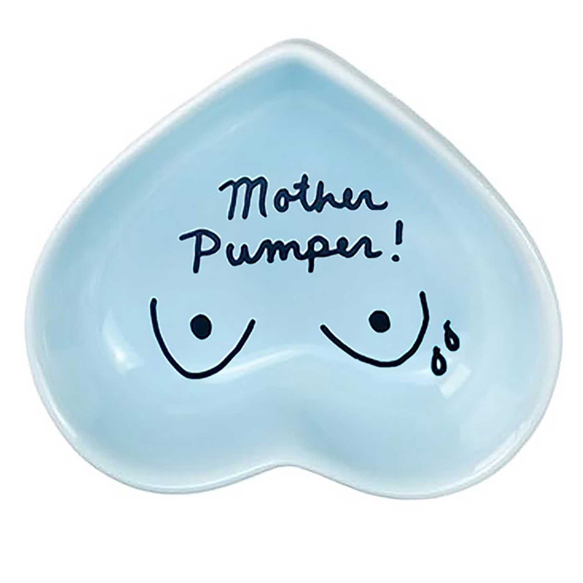 hand-painted heart-shaped ceramic dish with motherhood and feeding message in powder blue