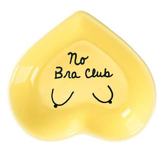 Hand-painted heart-shaped ceramic statement dish with bold message in butter yellow