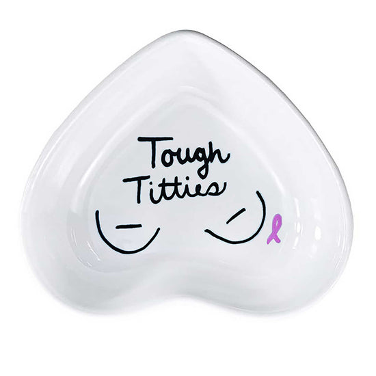 Hand-painted heart-shaped ceramic dish with supportive message celebrating strength and resilience in white