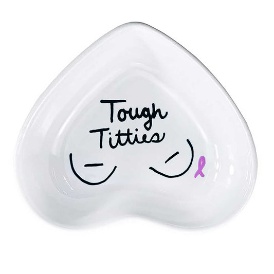 Hand-painted heart-shaped ceramic dish with supportive message celebrating strength and resilience in white