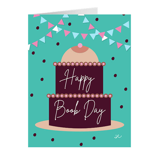 Happy Boob Day greeting card with a cake illustration on a teal background with polka dots and birthday decorations