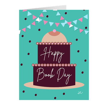 Happy Boob Day greeting card with a cake illustration on a teal background with polka dots and birthday decorations