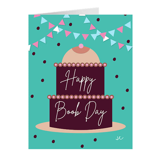 Happy Boob Day greeting card with a cake illustration on a teal background with polka dots and birthday decorations