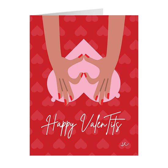 Happy Valentits, Valentine's Day card with hands holding a heart on a red background with hearts.