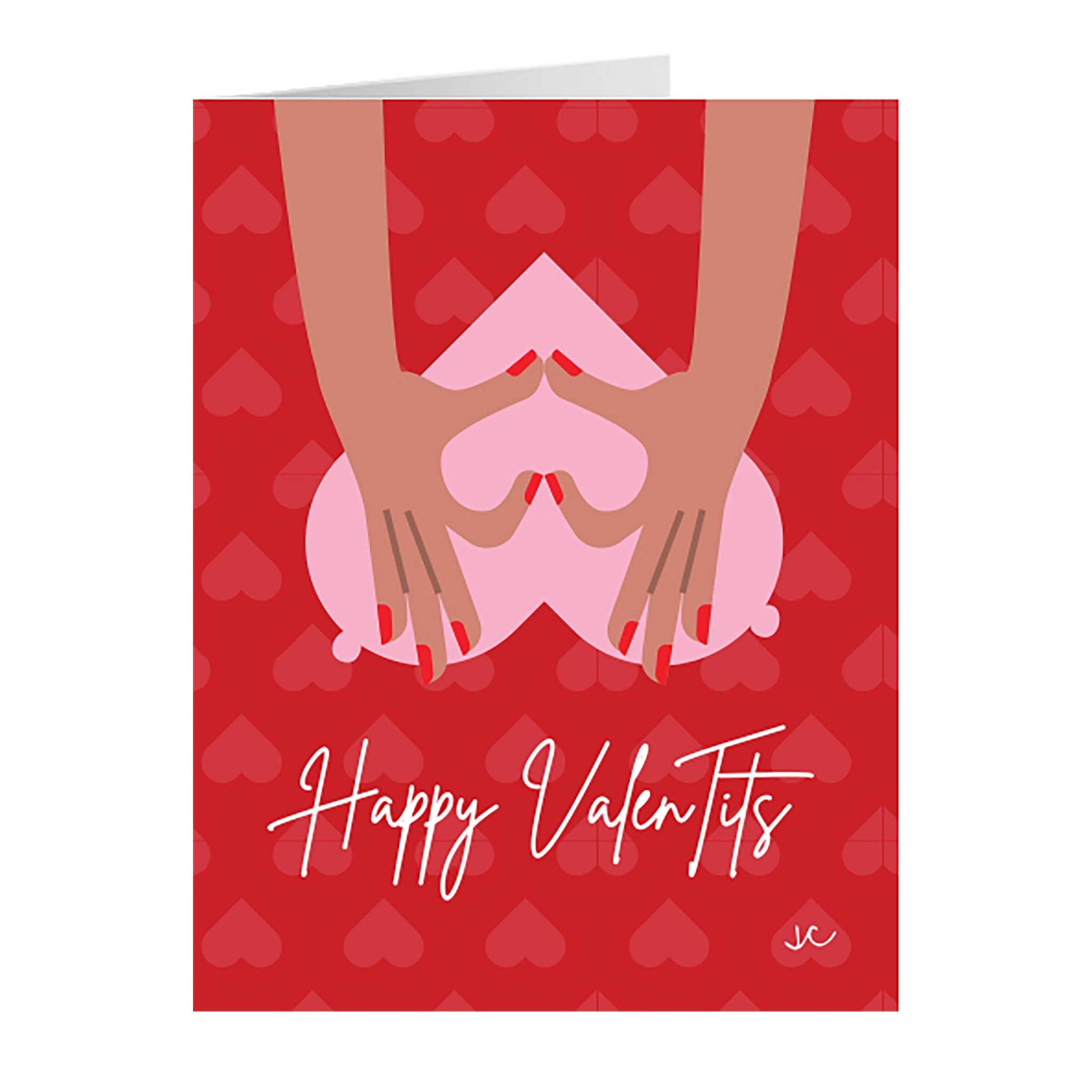 Happy Valentits, Valentine's Day card with hands holding a heart on a red background with hearts.