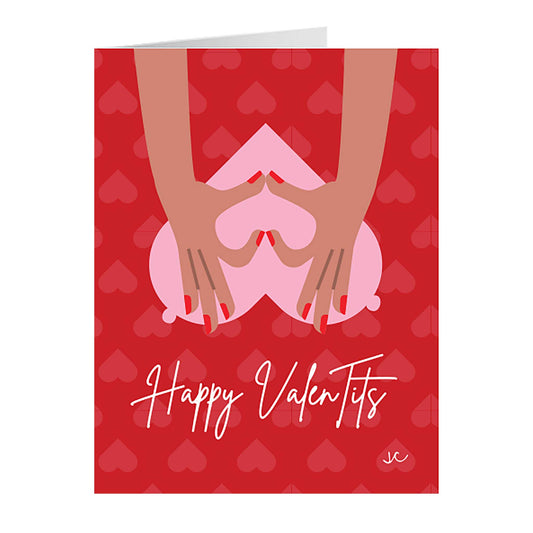 Happy Valentits, Valentine's Day card with hands holding a heart on a red background with hearts.