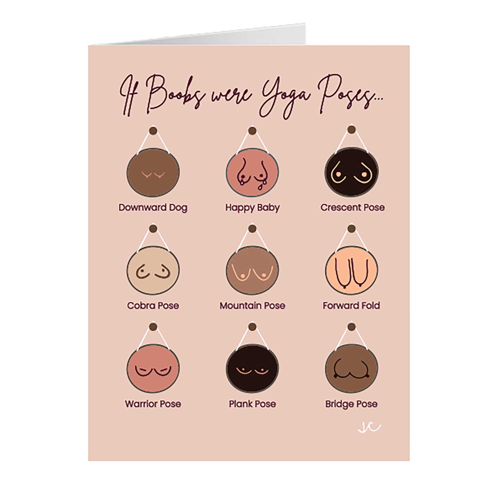 If Boobs Were Yoga Poses greeting Card with illustrations of various yoga poses on a beige background