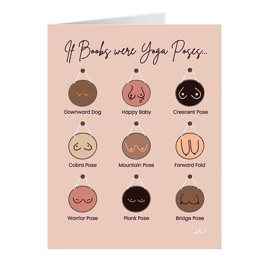 If Boobs Were Yoga Poses greeting Card with illustrations of various yoga poses on a beige background