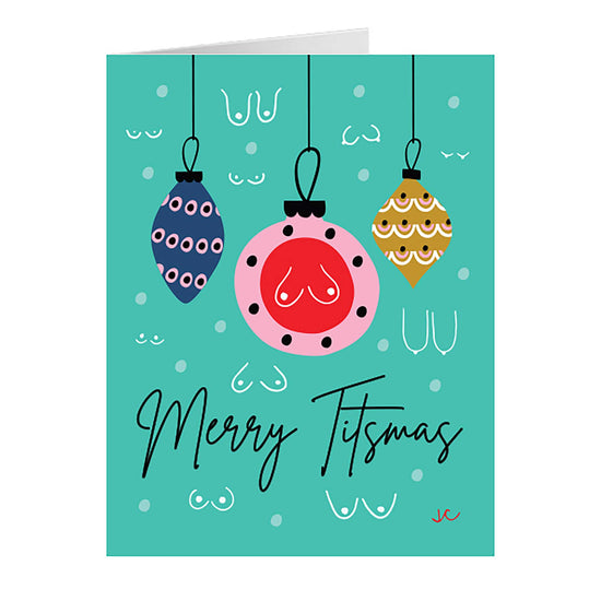 Merry Titsmas greeting card with colorful Christmas ornaments on a teal background