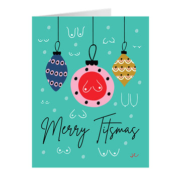 Merry Titsmas greeting card with colorful Christmas ornaments on a teal background