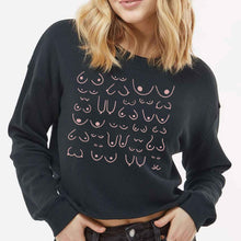 Load image into Gallery viewer, model wearing the Self Love cropped sweatshirt in black, front view close up
