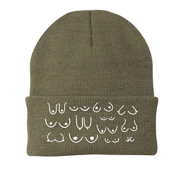 Khaki tan beanie with white embroidered pattern on a white background