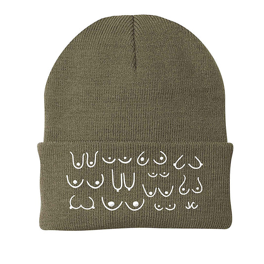 Khaki tan beanie with white embroidered pattern on a white background