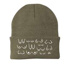 Load image into Gallery viewer, Khaki tan beanie with white embroidered pattern on a white background
