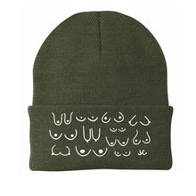 Load image into Gallery viewer, Olive green beanie with white patterns on a white background
