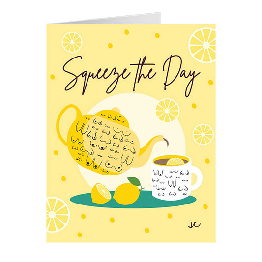 Squeeze the Day greeting card with a teapot, lemon, and tea cup on a yellow background 