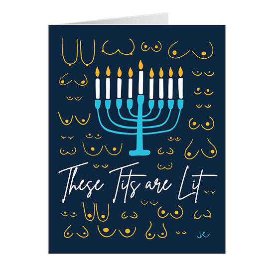 These Tits Are Lit Hanukkah greeting card with a menorah design and text on a blue background