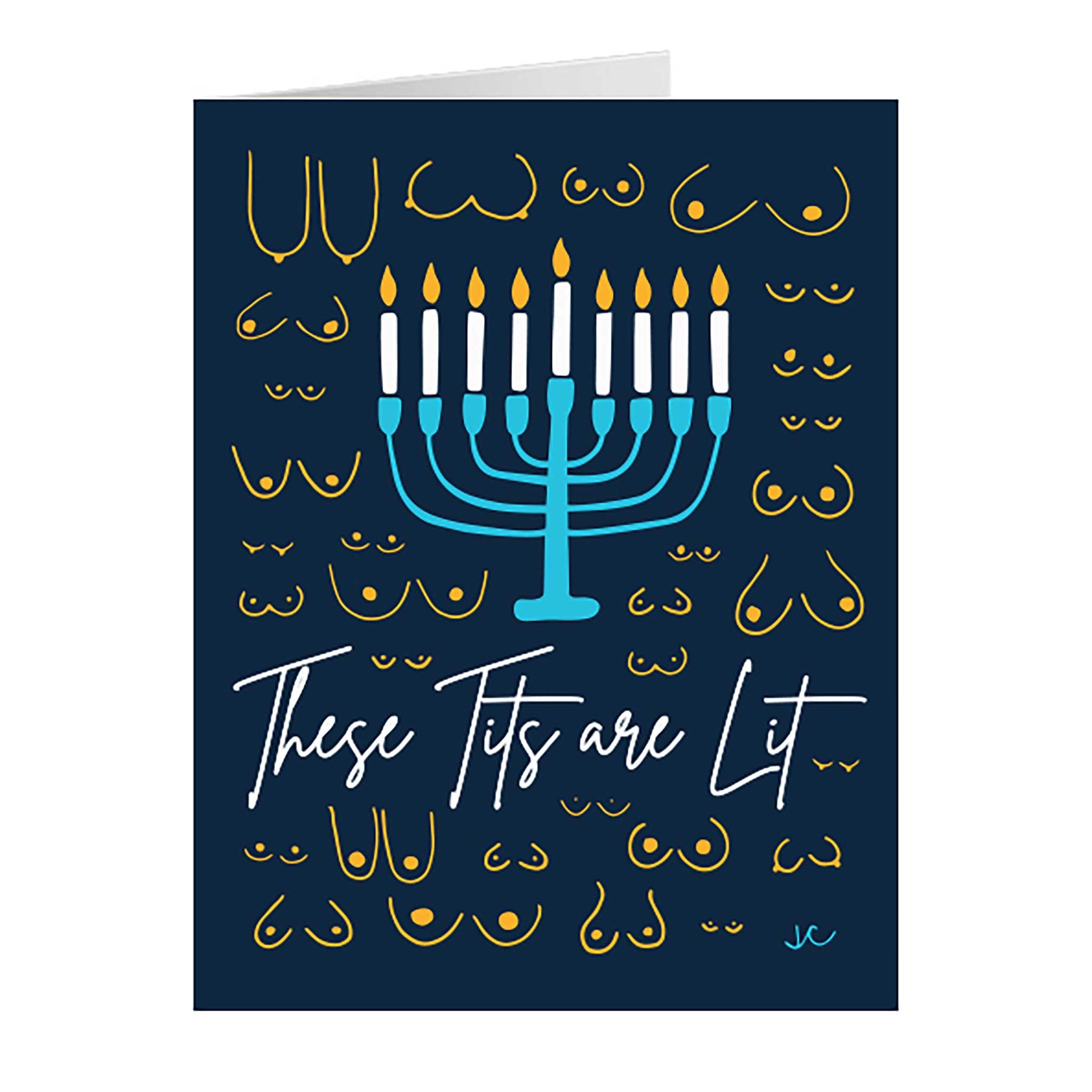 These Tits Are Lit Hanukkah greeting card with a menorah design and text on a blue background