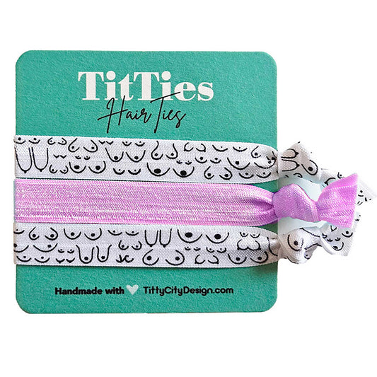 Set of 3 hair tie bracelets with blush pink hair tie in the middle on a teal card 