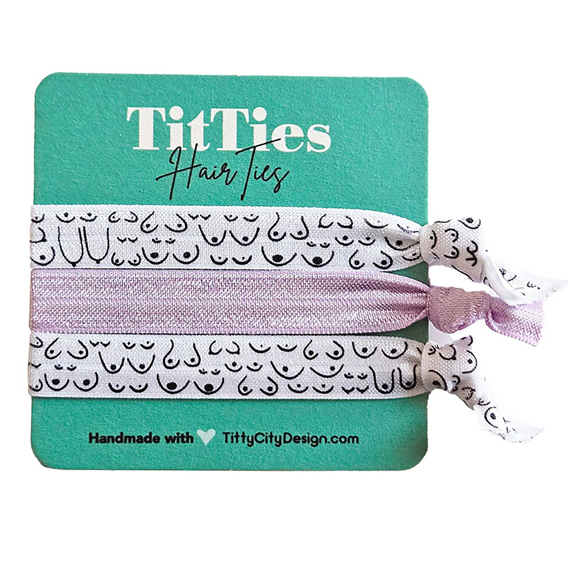 Set of 3 hair tie bracelets with lilac purple hair tie in the middle on a teal card 