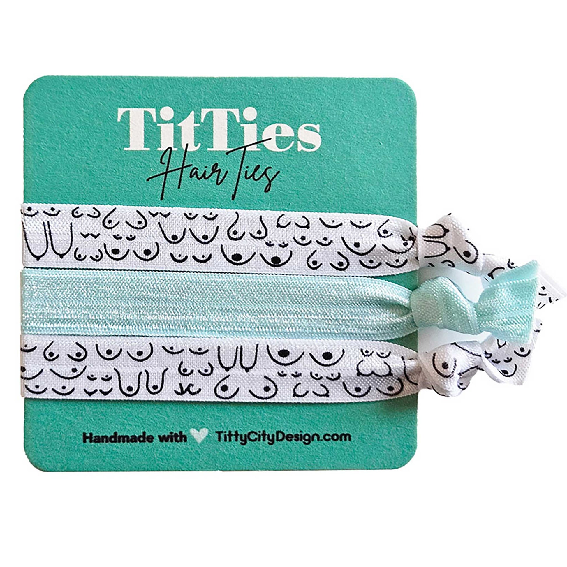 Set of 3 hair tie bracelets with mint hair tie in the middle on a teal card 