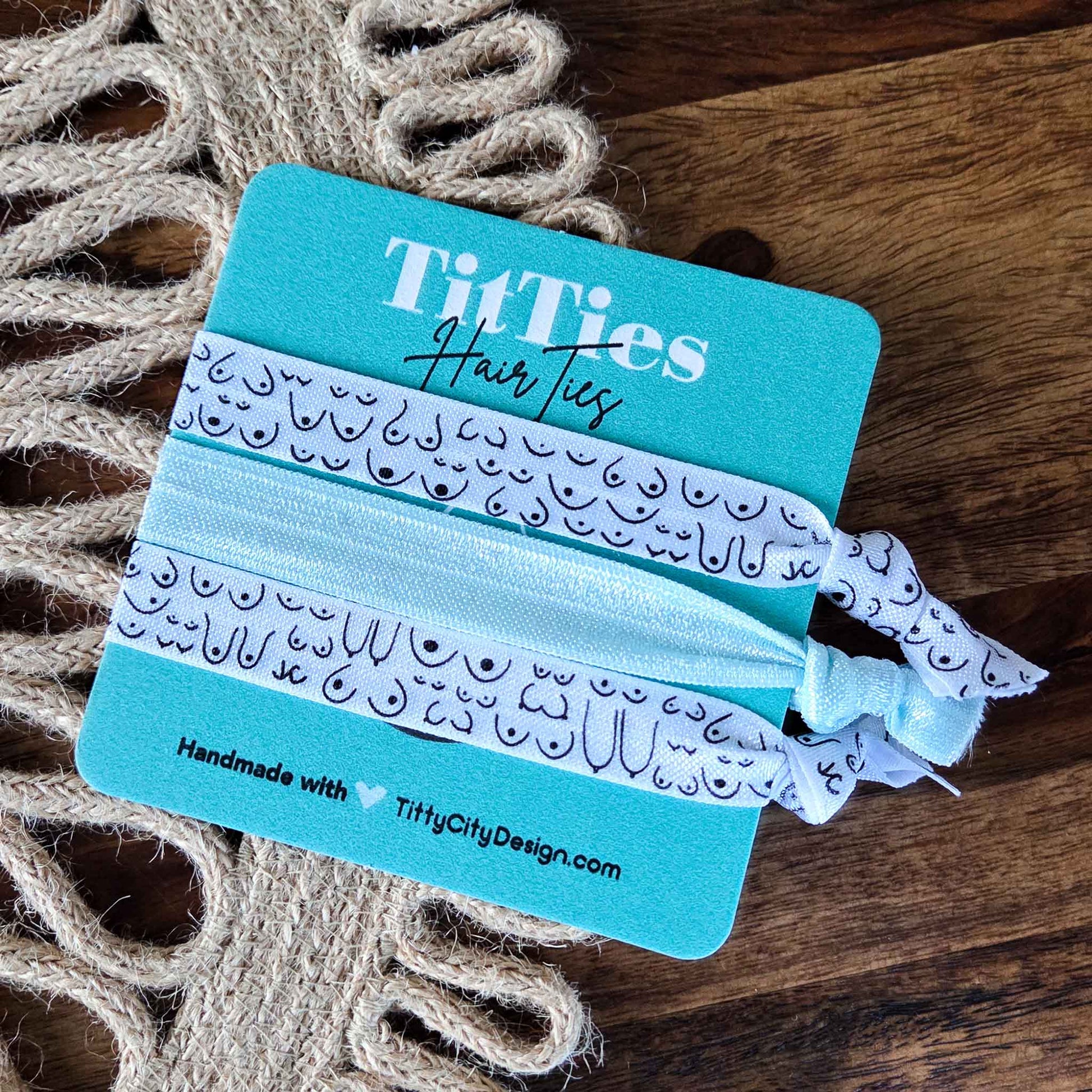 Tie-Ties hair ties on a branded card with jute twine in the background