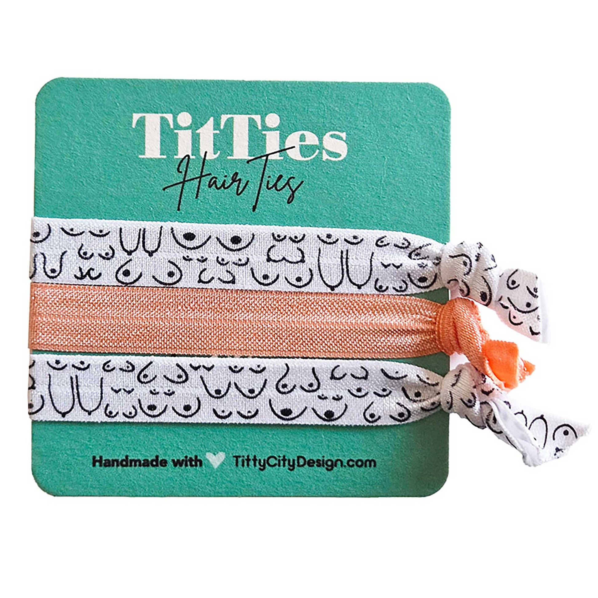 Set of 3 hair tie bracelets with peach hair tie in the middle on a teal card 
