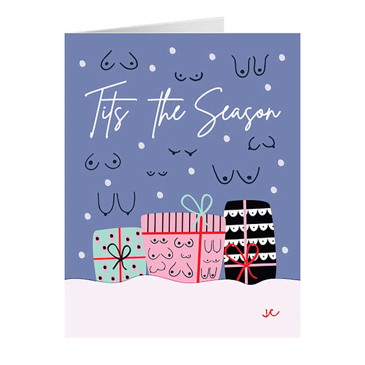 Tits the Season holiday greeting card with presents on a snowy blue background