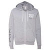 Titty City brand zip-up hooded sweatshirt in gray with logo on left chest and slogan on right sleeve, front view