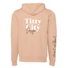 Titty City brand zip-up hooded sweatshirt in peach with logo on center back and slogan on right sleeve, back view