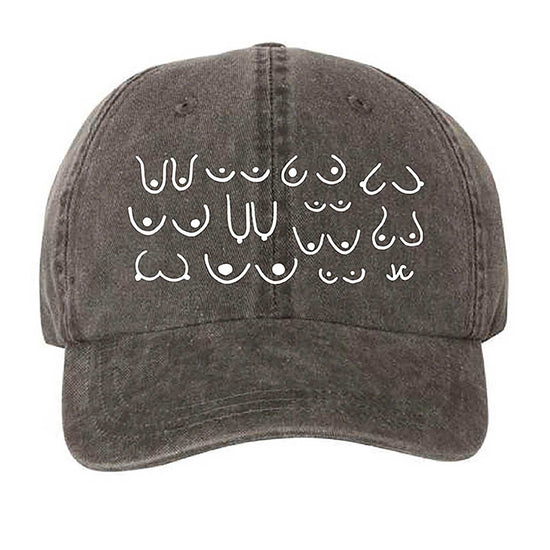 Vintage washed black cotton dad hat with white design on a white background