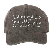 Load image into Gallery viewer, Vintage washed black cotton dad hat with white design on a white background
