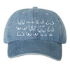 Light blue denim cotton dad hat with white embroidered design on a white background