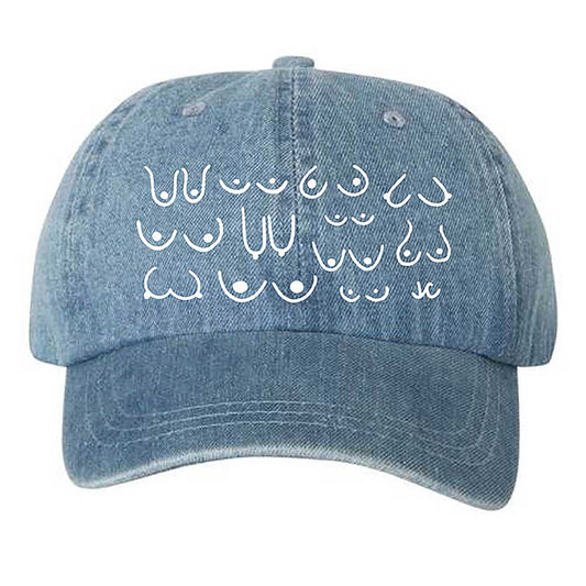 Light blue denim cotton dad hat with white embroidered design on a white background