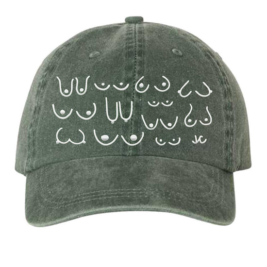 Olive green cotton dad hat with white embroidered designs on a white background